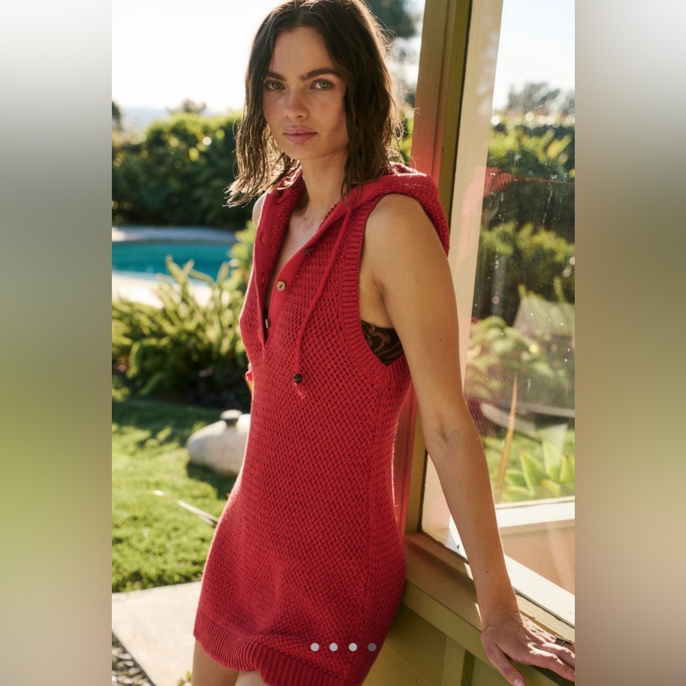 ⬆️5/10 Free People Free-est Cotton Red Sleeveless Hoodie Sweater Mini Dress NWT🔖